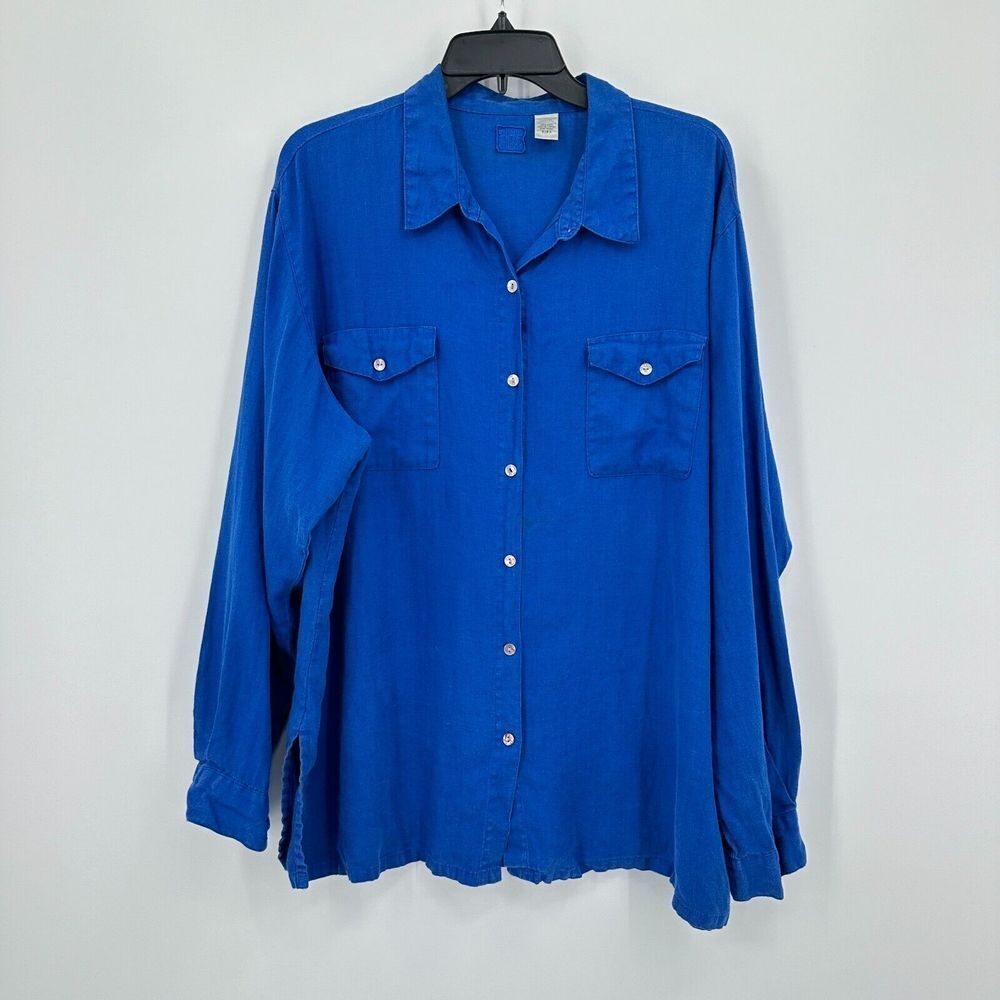 Lino By Chico's Shirt Womens‎ Size XL 3 Blue Woven Linen Travel Cruise Bright
